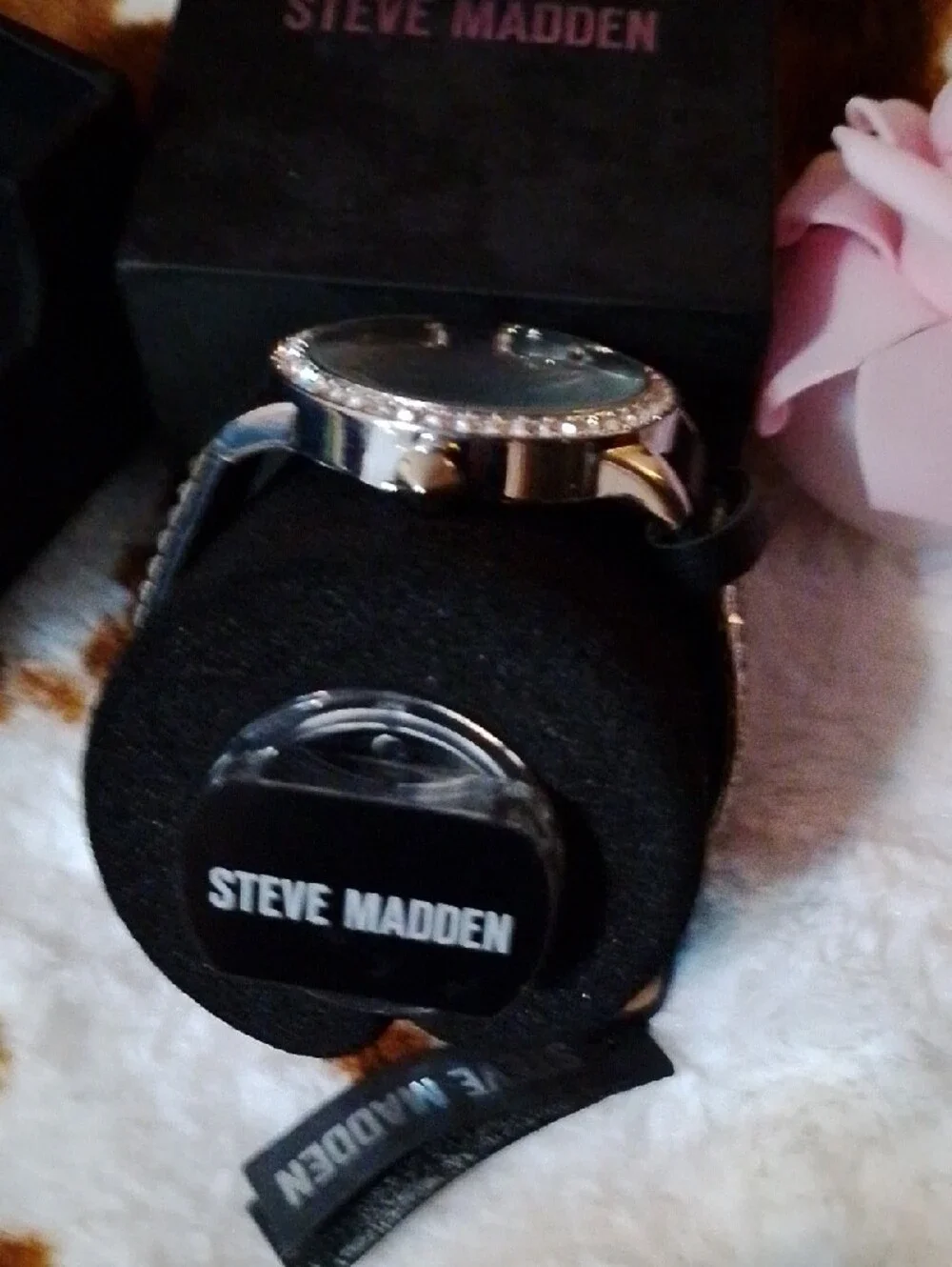 Steve Madden Black and Silver Crystal-Accent Women's Watch